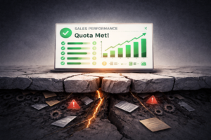 Green sales dashboard with cracks in the foundation, indicates Quota success, Hidden risk, Long-term instability