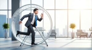 Business professional running inside a hamster wheel to represent sales teams increasing activity and effort without market visibility, strategic direction, or meaningful business growth.