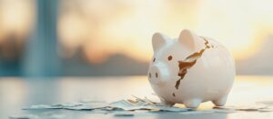 broken piggy bank leaking money. concept of repeat service calls and unrecoverable costs.