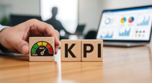 KPI dashboard showing performance indicators on a wooden table, with a hand adjusting the gauge and a laptop in the background displaying charts and graphs